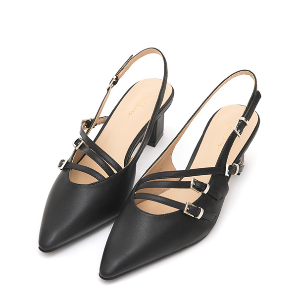 Three-Strap Pointed-Toe Slingback Heels Black