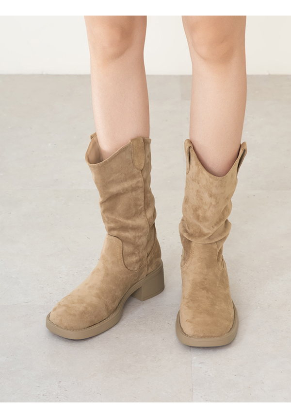 嬉皮小V口抓皺西部堆堆靴 杏色