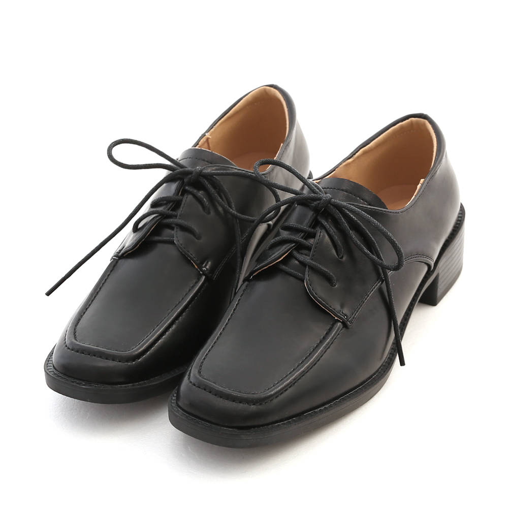 Square Toe Lace-Up Wooden Heel Derby Shoes Black