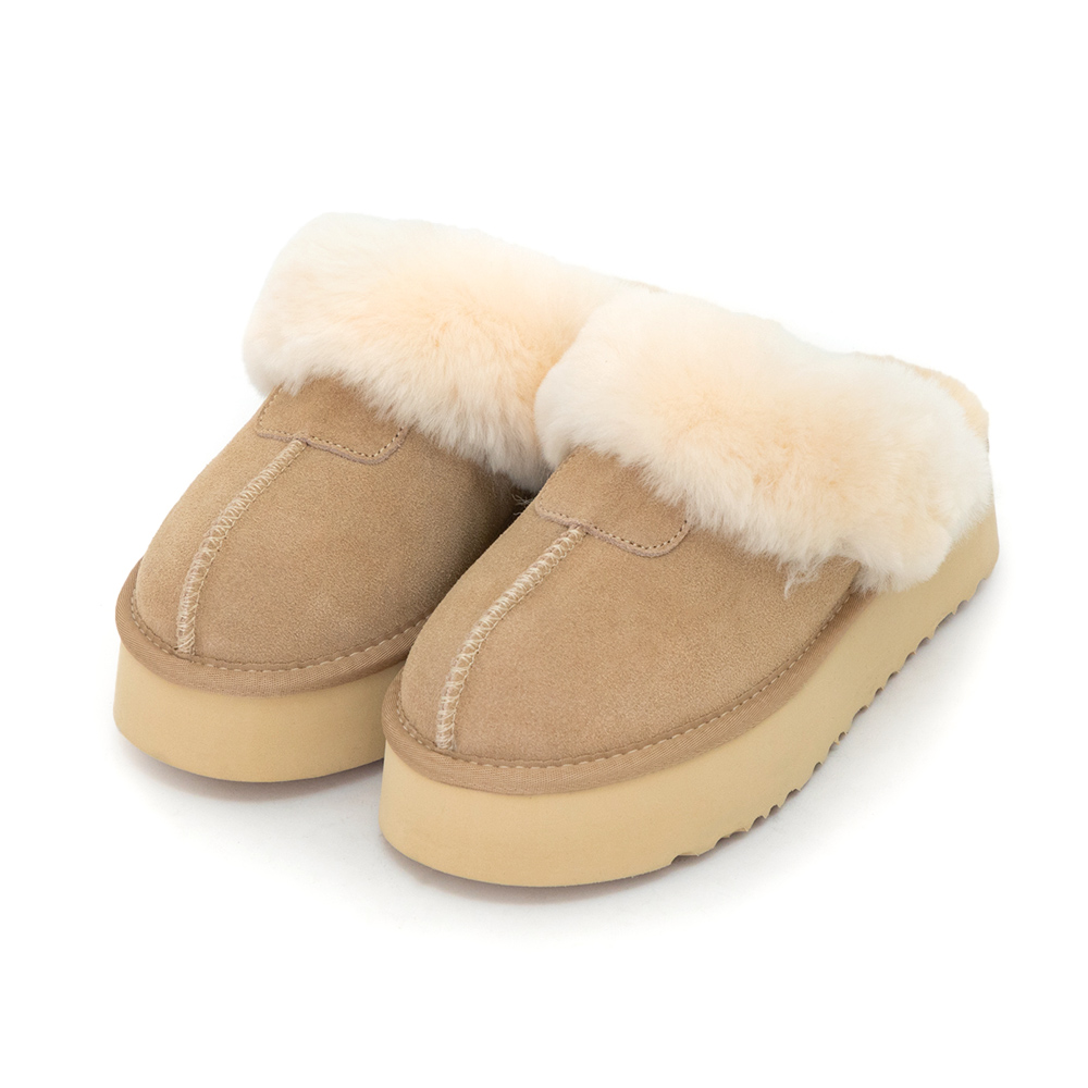雪地精靈．真皮羊毛厚底雪靴拖鞋 沙色