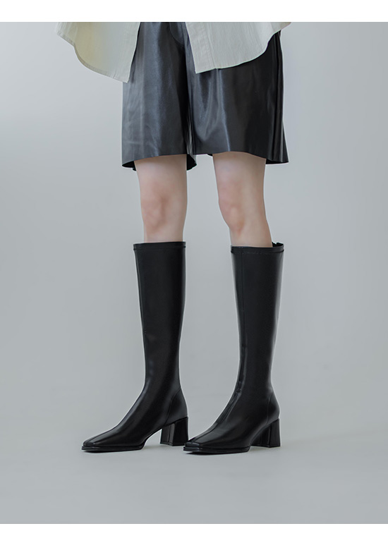Plain Square Toe High-Heel Slimming Tall Boots Black