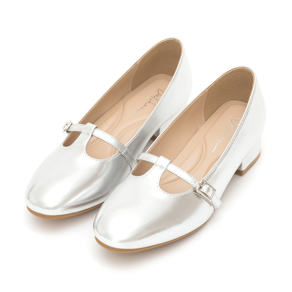 Round-Toe T-Strap Mary Jane Shoes Silver