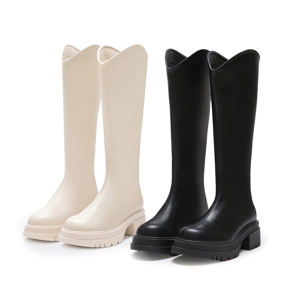 簡單好看．V口素面中跟瘦瘦長靴 時尚黑