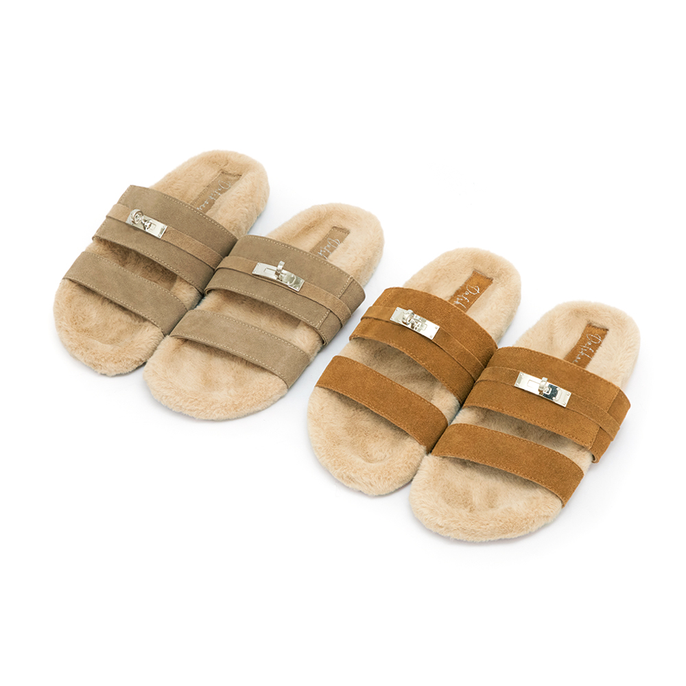 質感金屬鎖釦真皮毛毛拖鞋 棕色