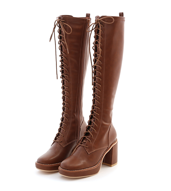 Thick Platform Lace-Up Under-The-Knee Boots Brown