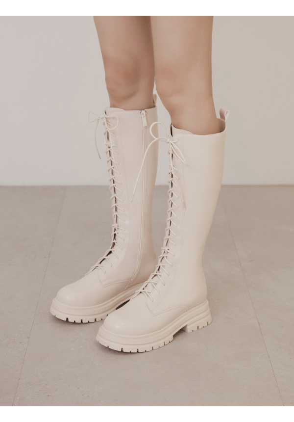 Platform Sole Lace-Up Combat Long Boots Beige