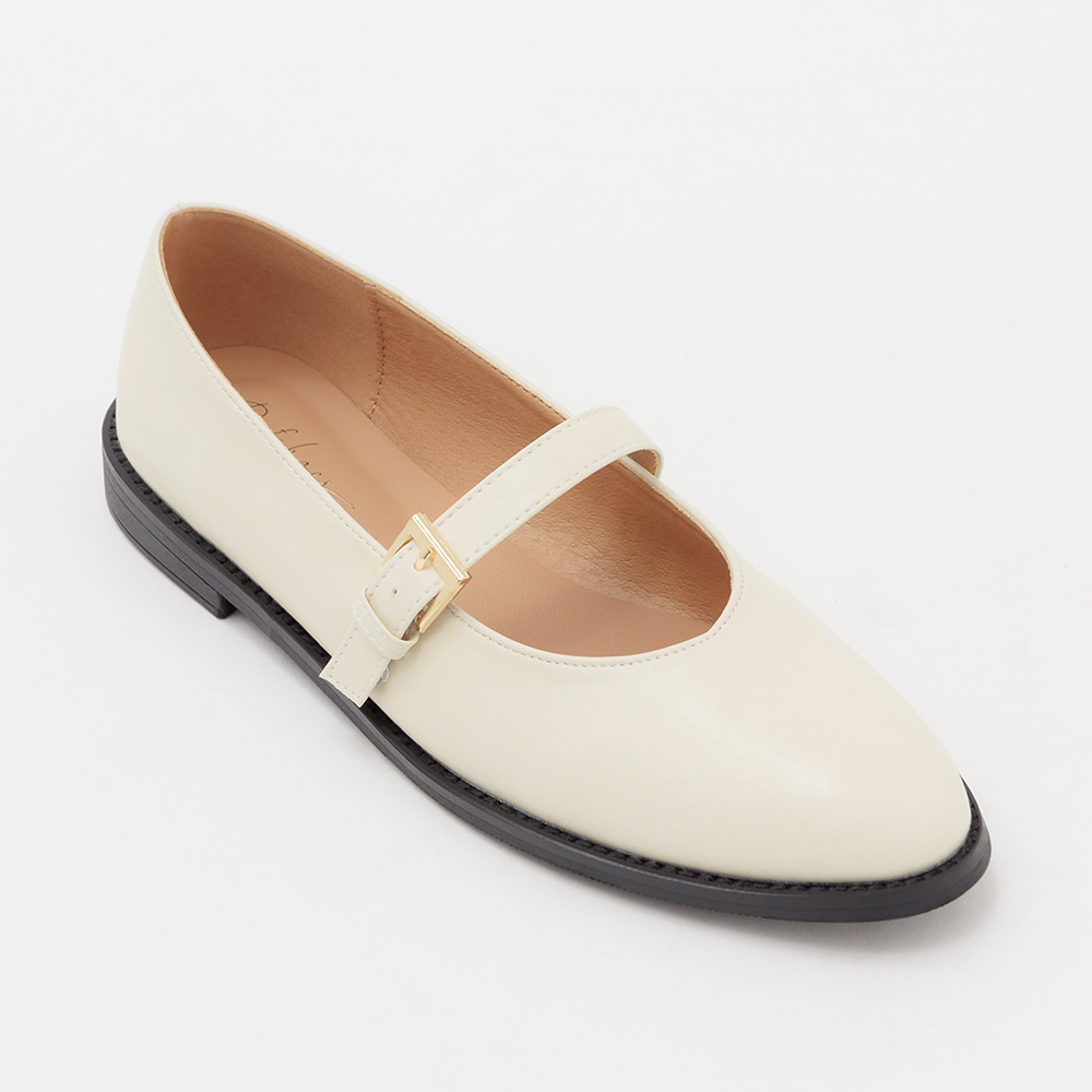 Microfiber Pointed Toe Flat Mary Jane Shoes Ivory