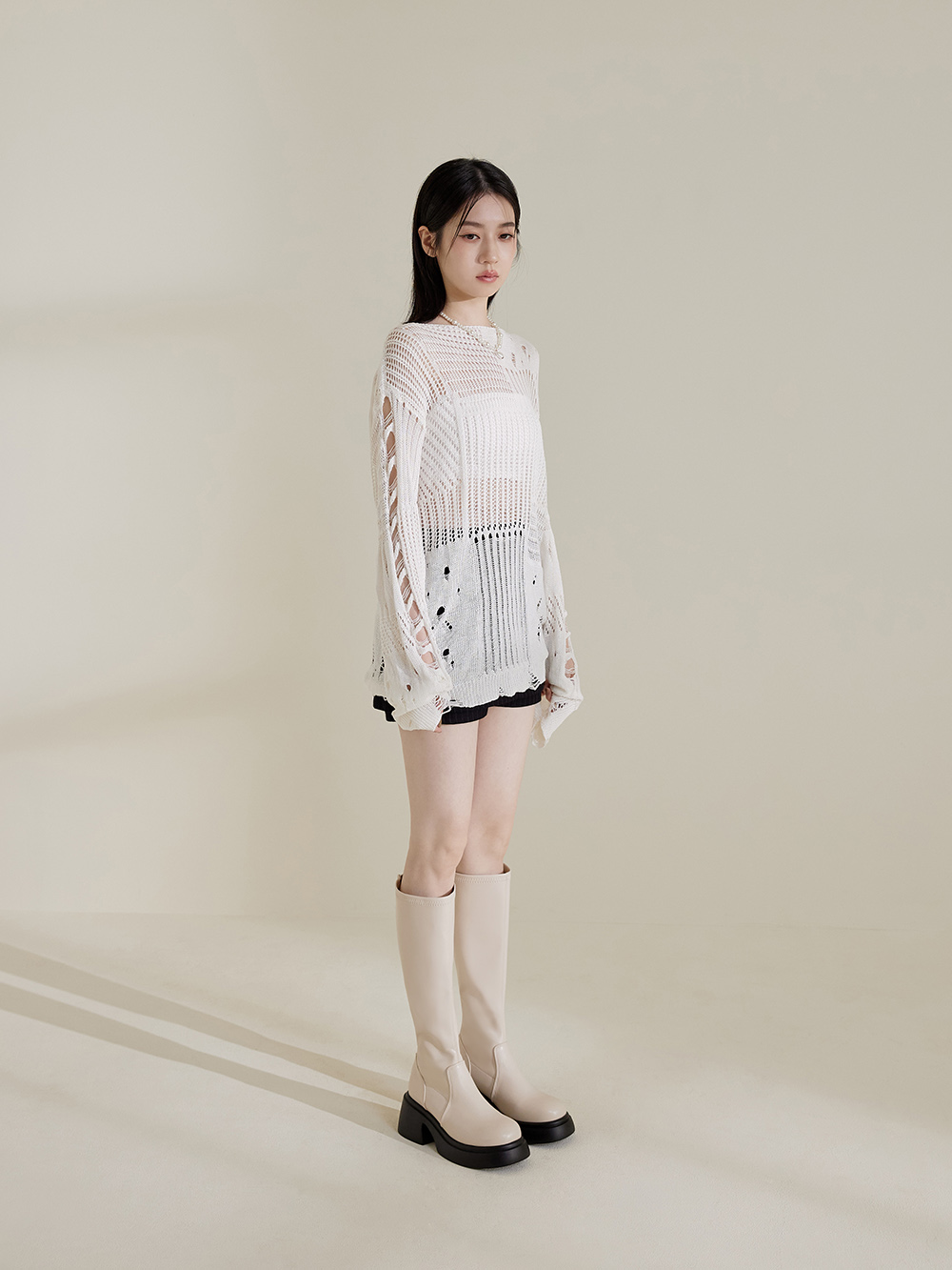 明星舞台．輕量加厚底瘦瘦長靴 香草米