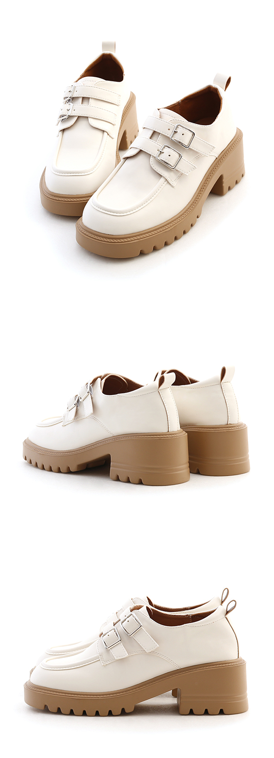 Double-buckle Thick Sole Mid-Heel Loafers Vanilla