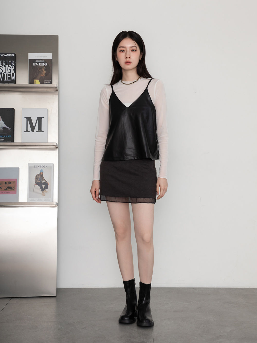 美拍風格方頭木紋跟瘦瘦靴 黑