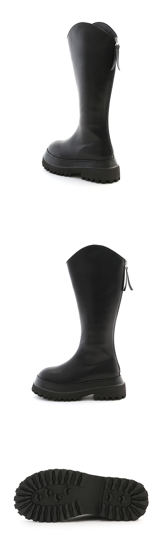 Track Sole V-cut Knee Boots Black
