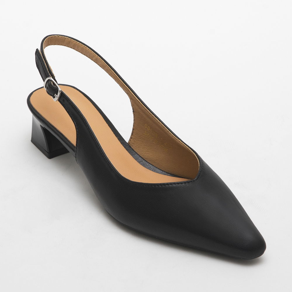Microfiber V-cut Plain Pointed Toe Mid Heel Slingbacks Black