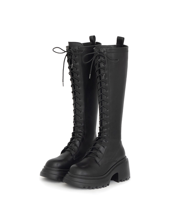 女團風輕量厚底綁帶長靴 黑色