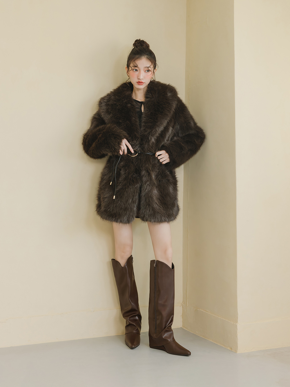 時髦超模V口隱形增高褲管長靴 咖啡色