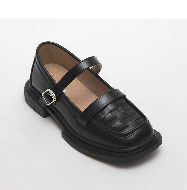 Chekered Woven Loafer Mary Jane Shoes Black