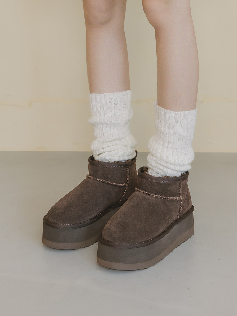 冬戀5cm增高底真皮短筒雪靴 復古咖