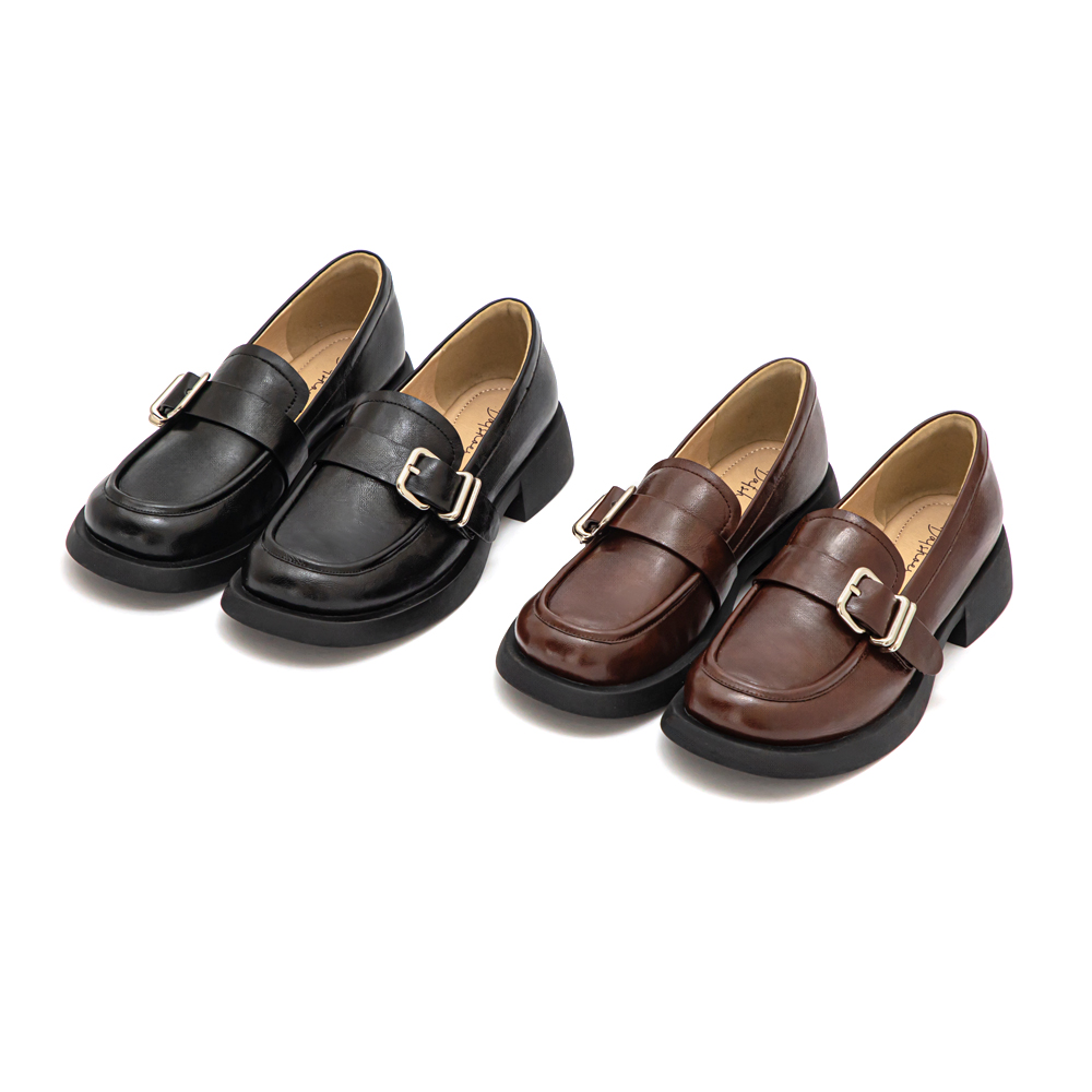 【真皮系列】親膚空氣棉方釦樂福鞋 黑色