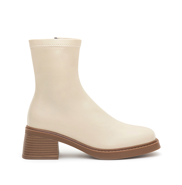 Square-Toe Wood-Heel Slim Boots Beige