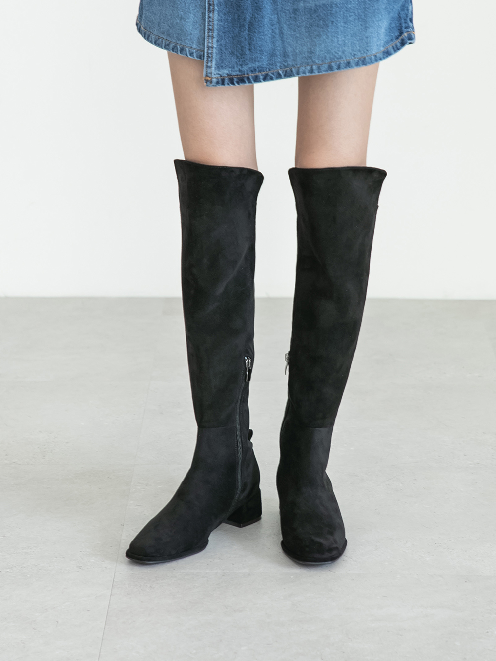 百變主題顯瘦拼接膝上長靴 絨黑色