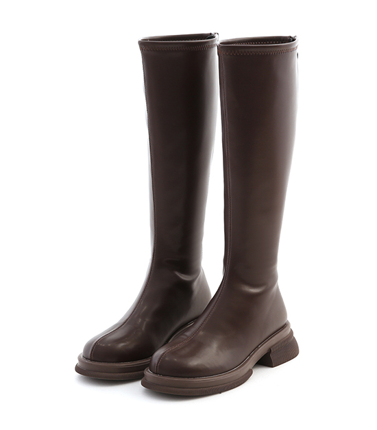 Plain Round Toe Under-The-Knee Boots Dark Brown