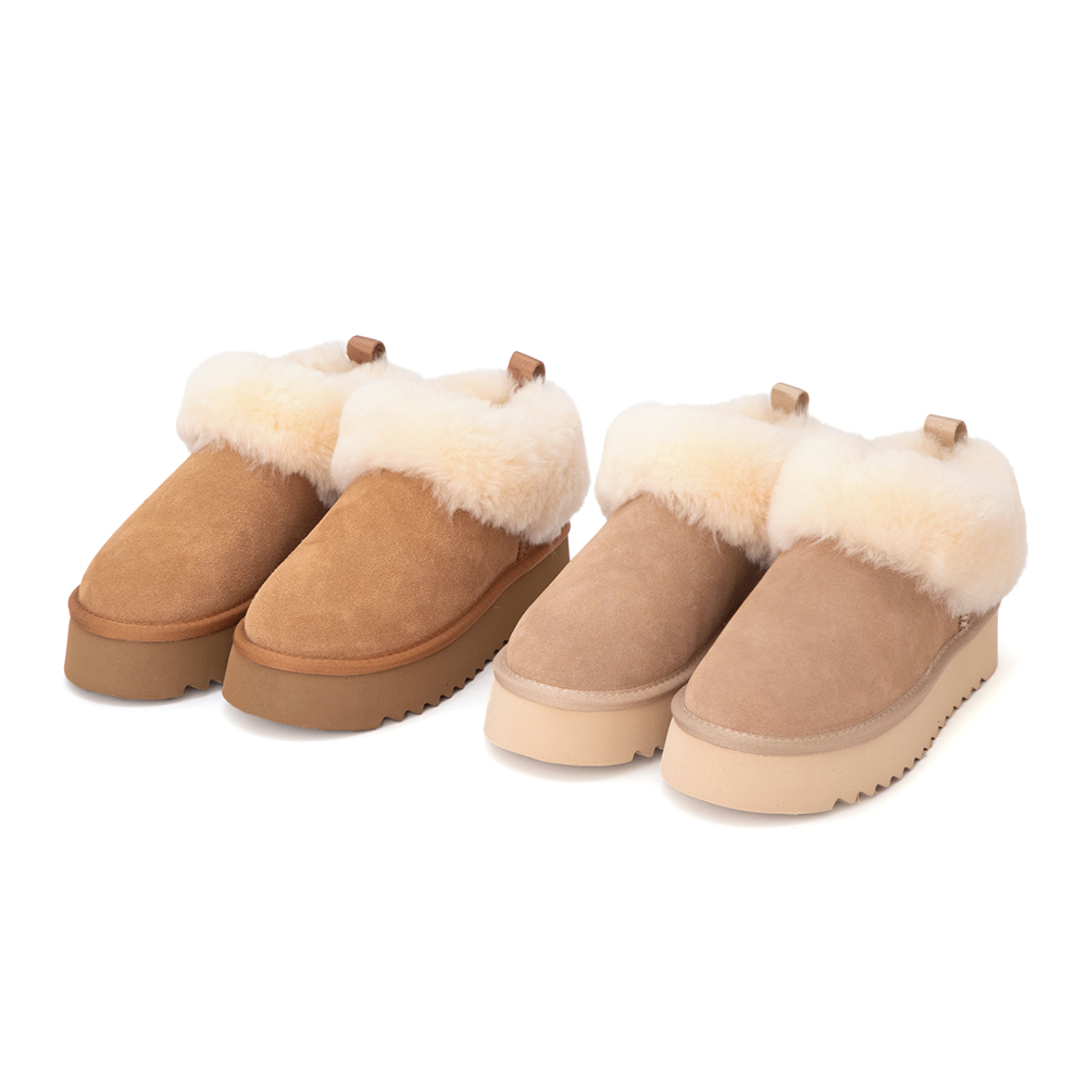 暖暖泡芙厚底翻毛真皮雪靴 駝色