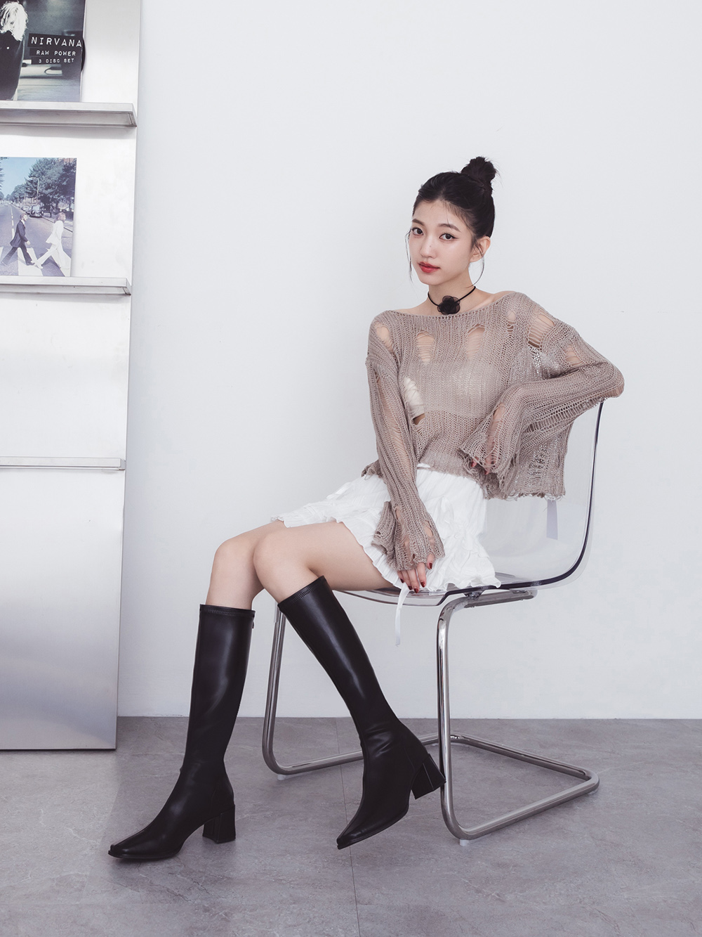 神級美腿．素面方頭高跟瘦瘦長靴 時尚黑