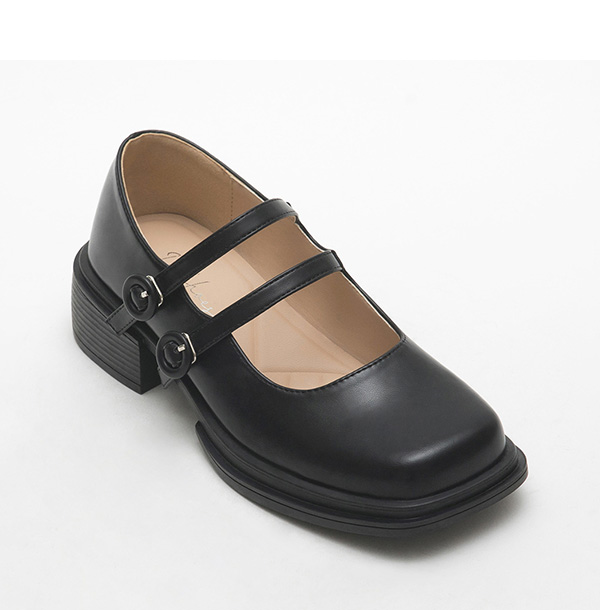 Double-Strap Square Toe Mary Jane Shoes Black