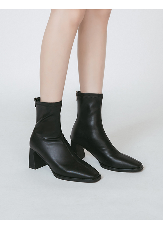 Plain Square Toe High Heels Slimming Boots Black