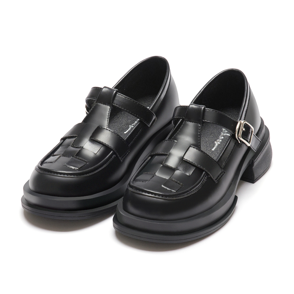 日系女孩．格子編織T字低跟瑪莉珍鞋 時尚黑