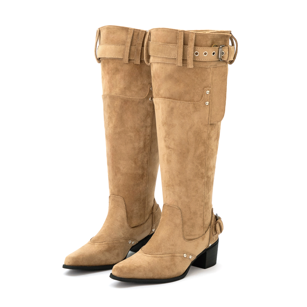 流浪風褲型剪裁尖頭寬筒靴 卡其色