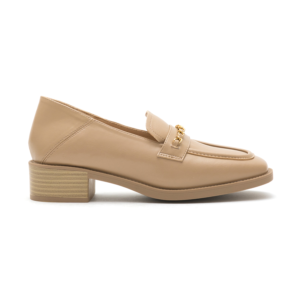 Metal Chain Square-Toe Loafers Beige