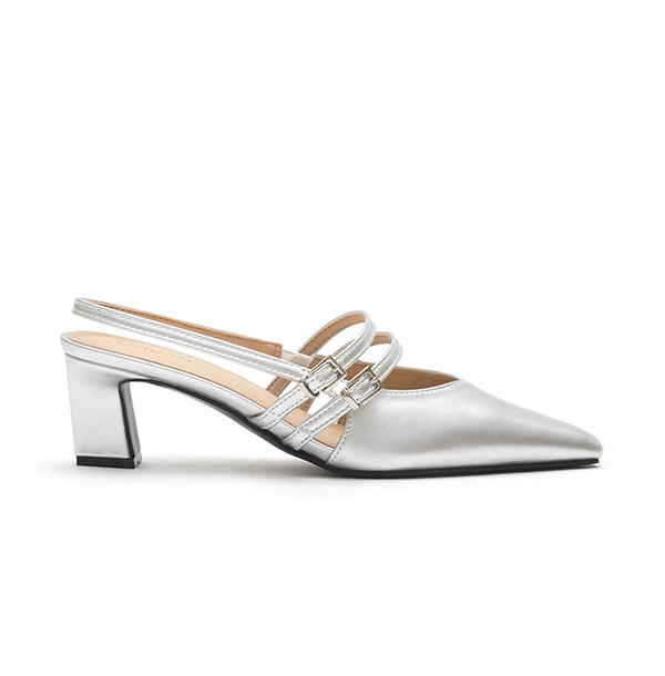 Pointed Toe Double Strap Slingback Heels Silver