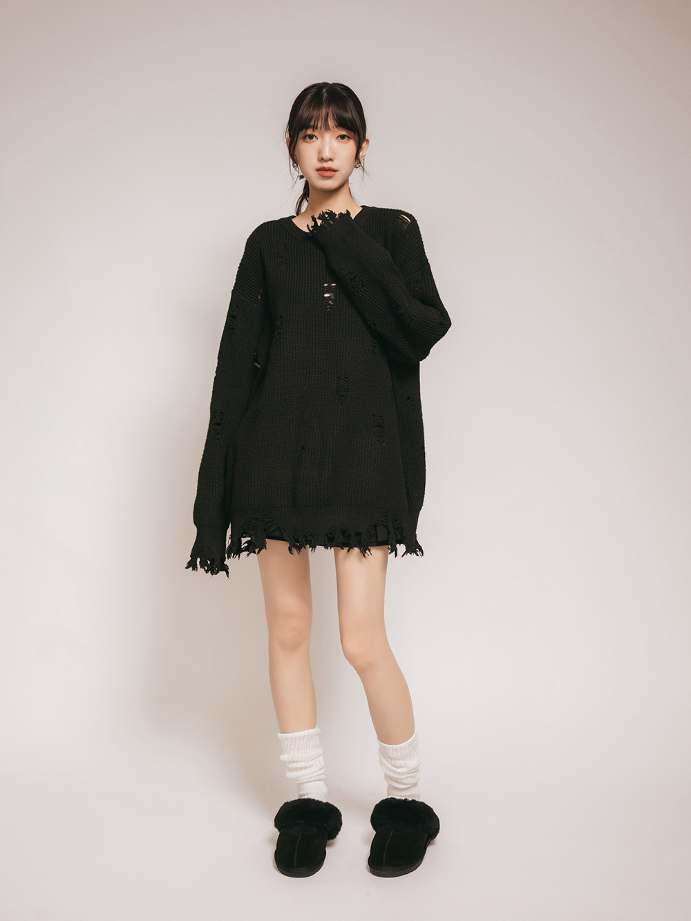 俏皮雪寶.真皮羊毛雪靴拖鞋 時尚黑