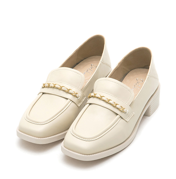 Metal Chain Square-Toe Loafers French Vanilla White