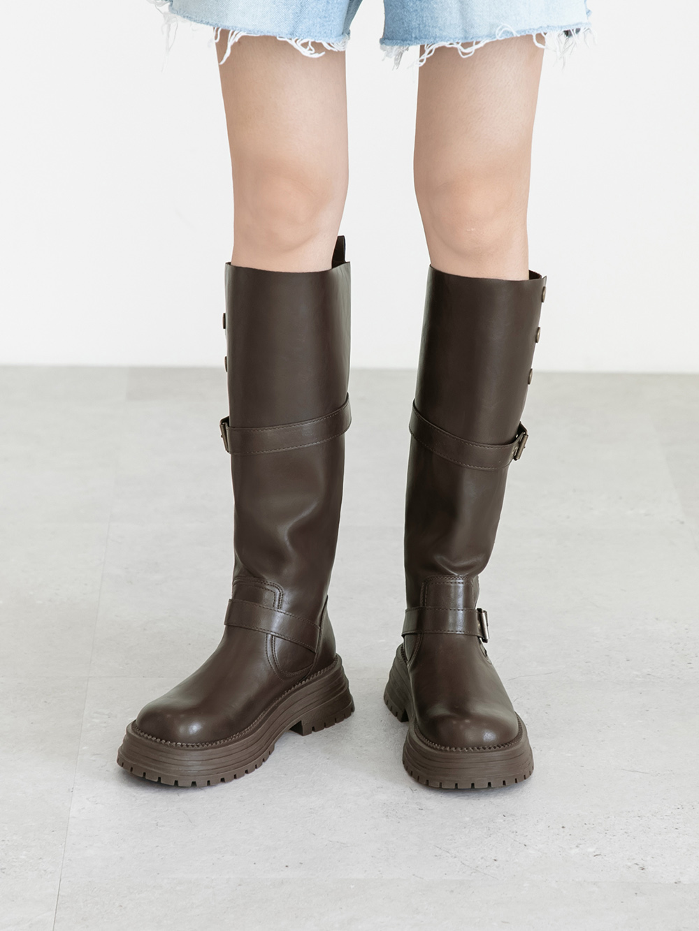 復古騎士釦環排釦機車長靴 咖啡