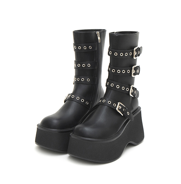 Multi-Buckle Platform Ankle Boots Black