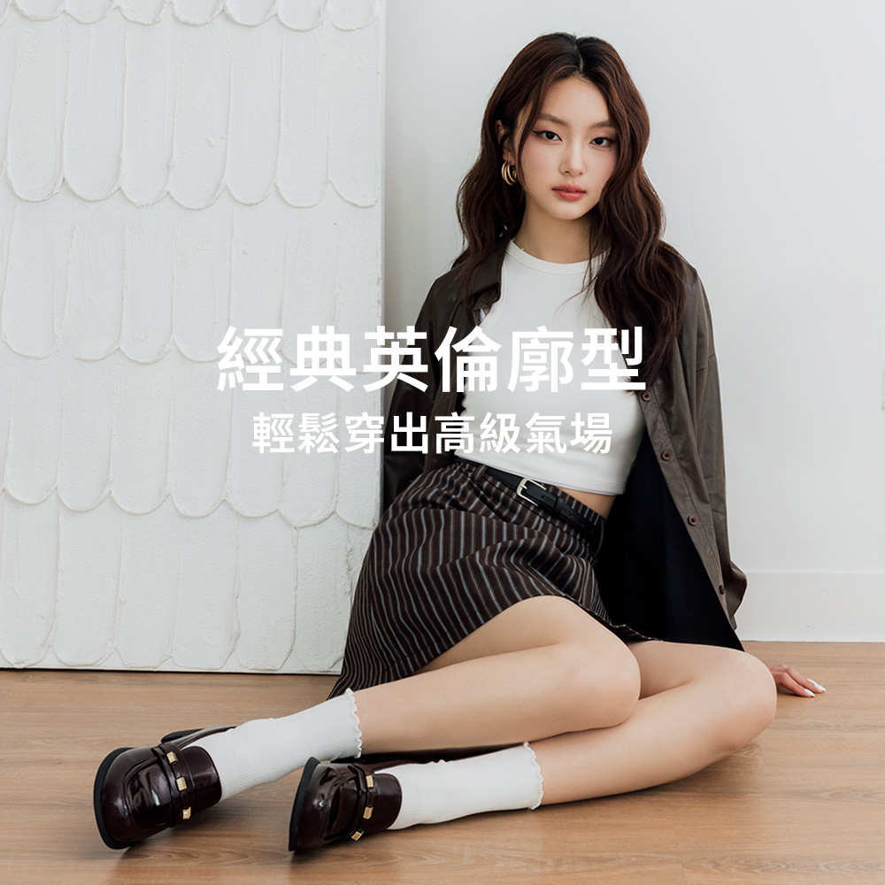 【真皮系列】雲波金釦靜音跟漆皮樂福鞋 黑色