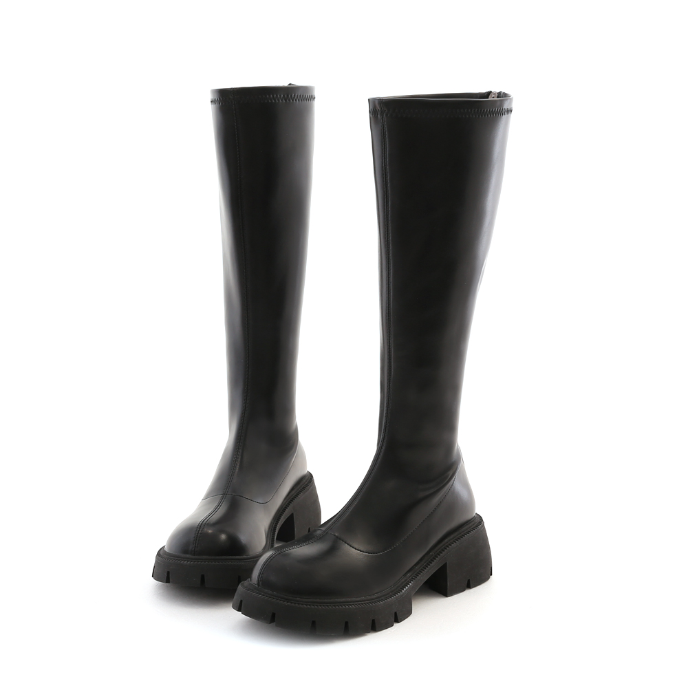 Round Toe Chunky Sole High Heeled Slimming Boots Black