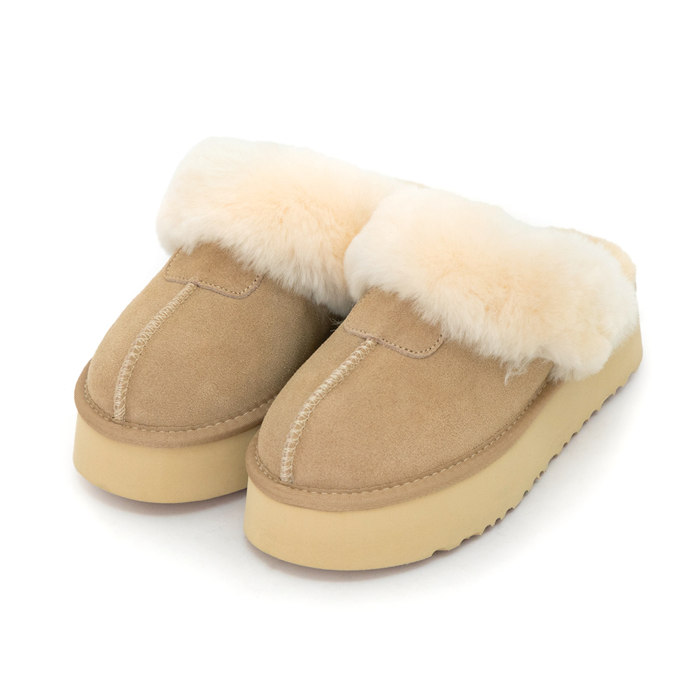 雪地精靈．真皮羊毛厚底雪靴拖鞋 沙色