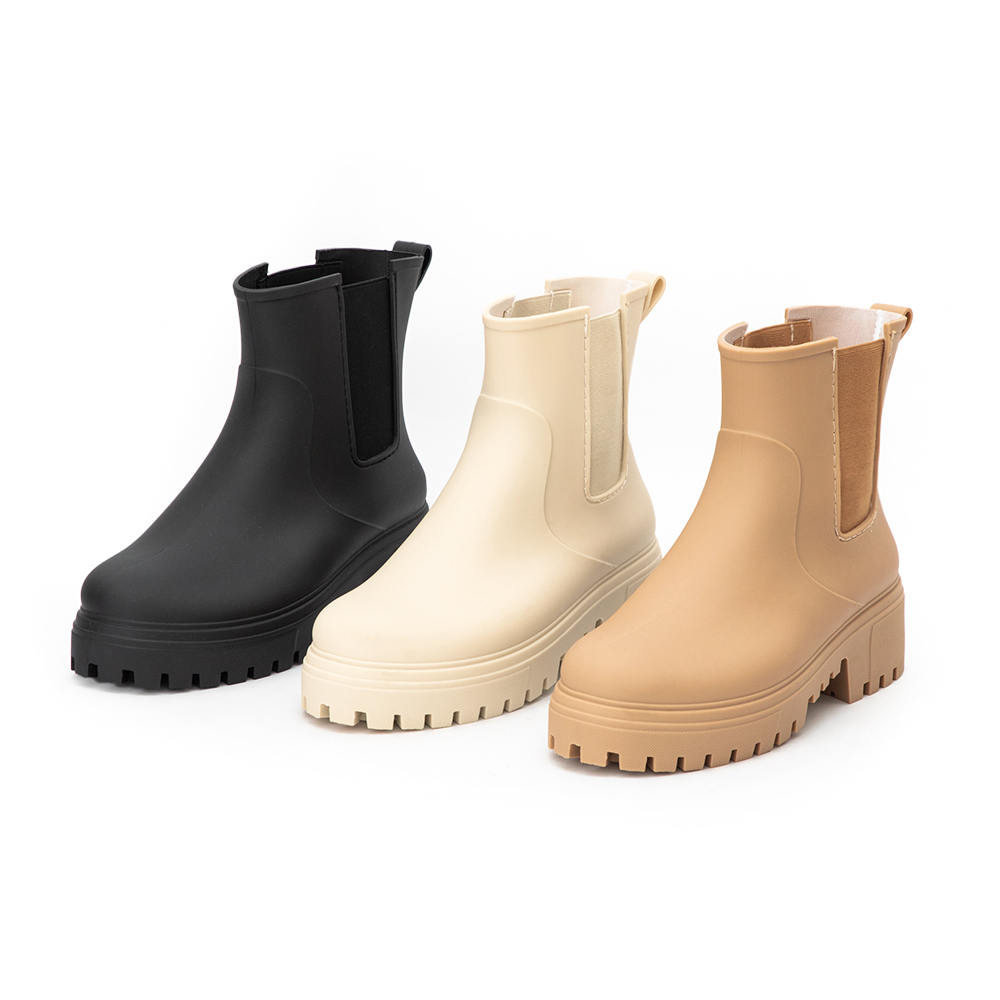 【機能鞋墊】鬆緊拼接內增高切爾西雨靴 米白色