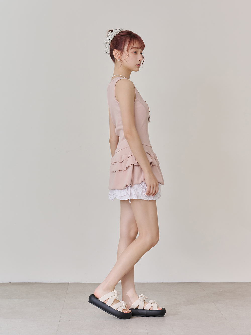 可愛雙蝴蝶結胖胖底氣墊拖鞋 米