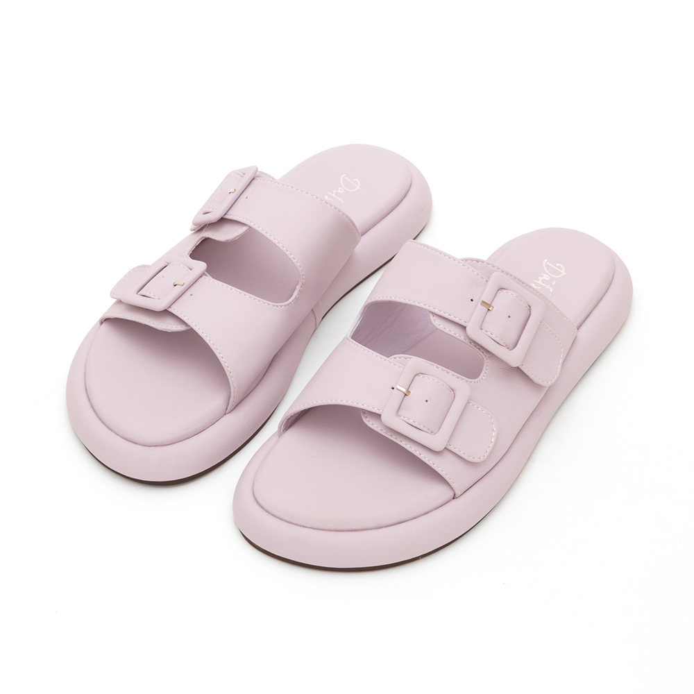 Pastel Square Buckle Cute Flat Sandals Lavender