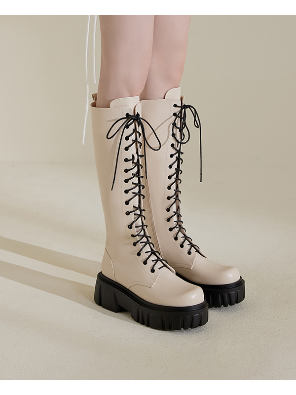 Lightweight Lug-Sole Lace-Up Boots Beige