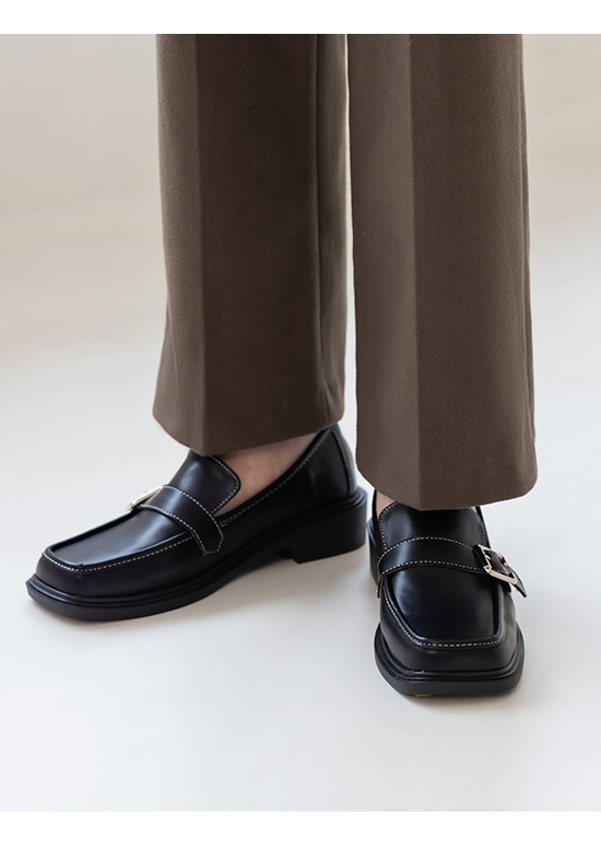 Square Toe Buckle Loafers Black
