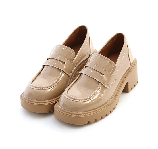 Patent Leather Lightweight Thick Sole Loafers Beige