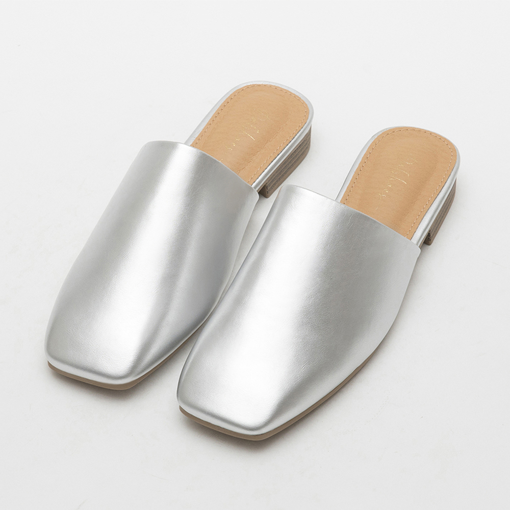 Minimalist Plain Square Toe Flat Mules Silver