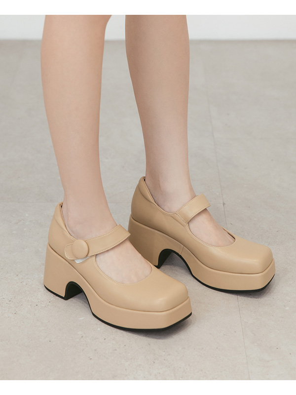 Square-Toe Thick-Soled Mary Jane Shoes Beige