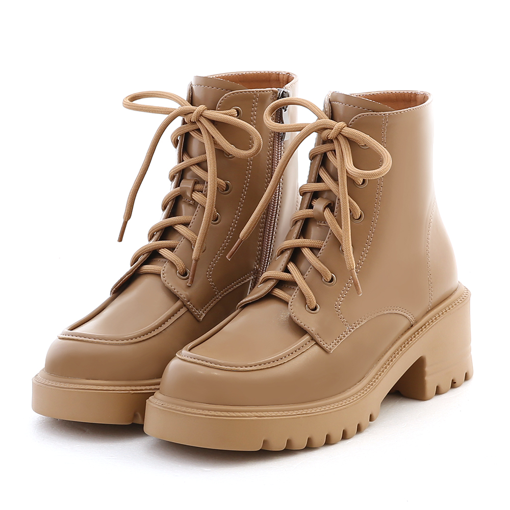 Lightweight Thick Sole Lace-Up Ankle Boots Beige