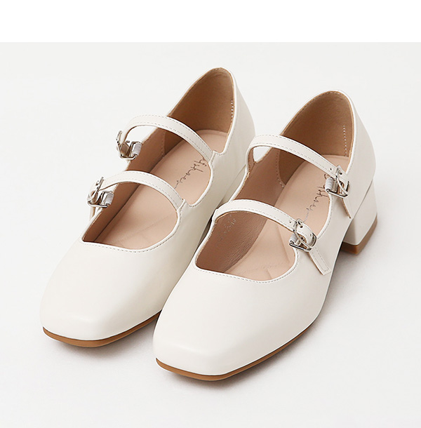 4D Cushioned Double-strap Low Heel Mary Jane Shoes White