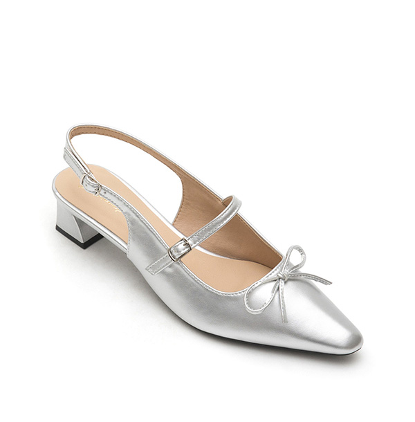 Bow Tie Pointed Toe Slingback Heels Silver